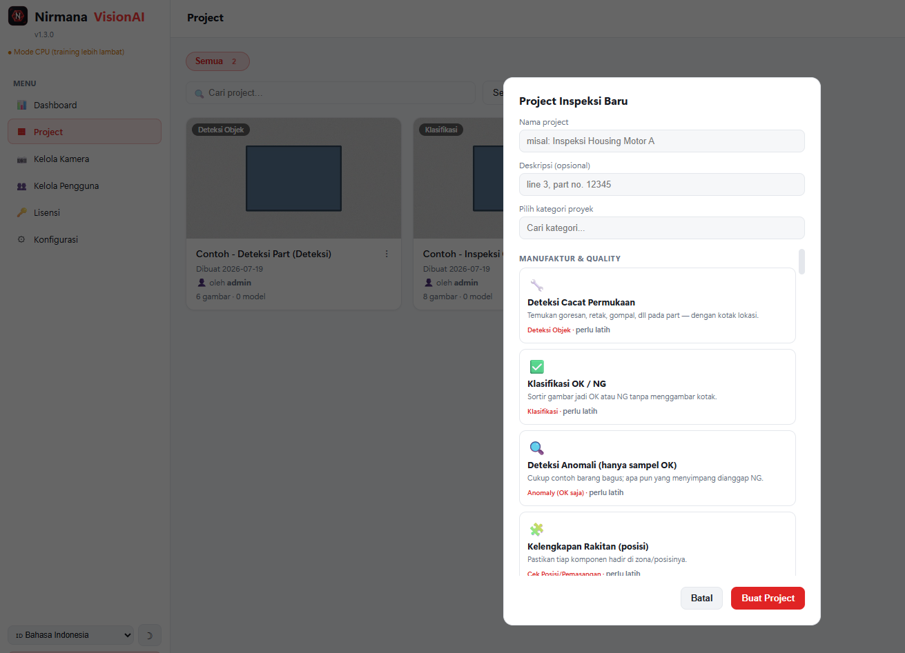 Pilih misi Anda — Nirmana VisionAI product screenshot