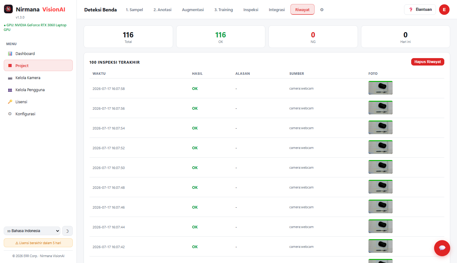 Deteksi real-time, hasil OK/NG